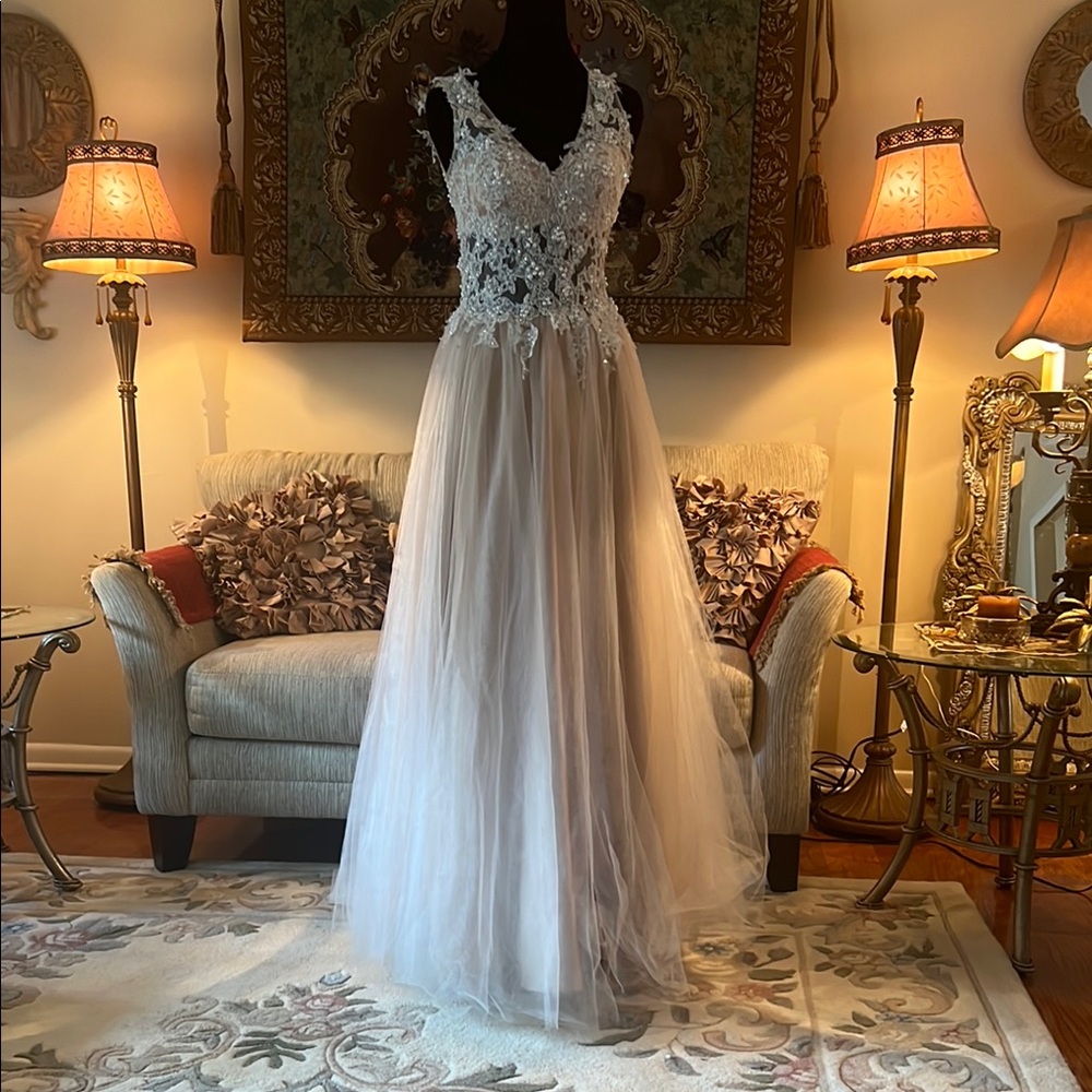 Elegant Nude Lace Evening Gown - Picture 5 of 6